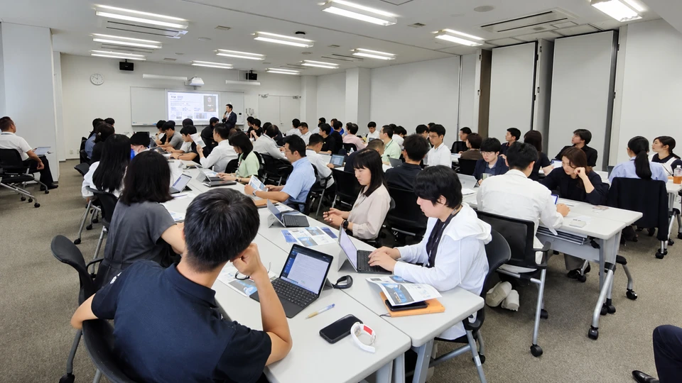会場の奥のスクリーンの前で話す中島大介と、ノートパソコンを開いて受講する教職員の皆様