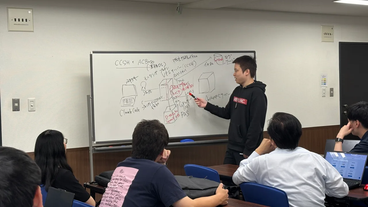 最終日、ホワイトボードに図を描いて参加者へ説明する中島